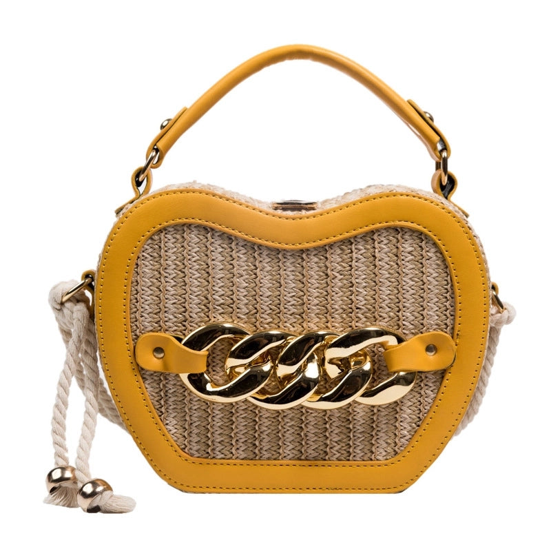 Women's Small Straw Color Block Streetwear Chain Lock Clasp Crossbody Bag