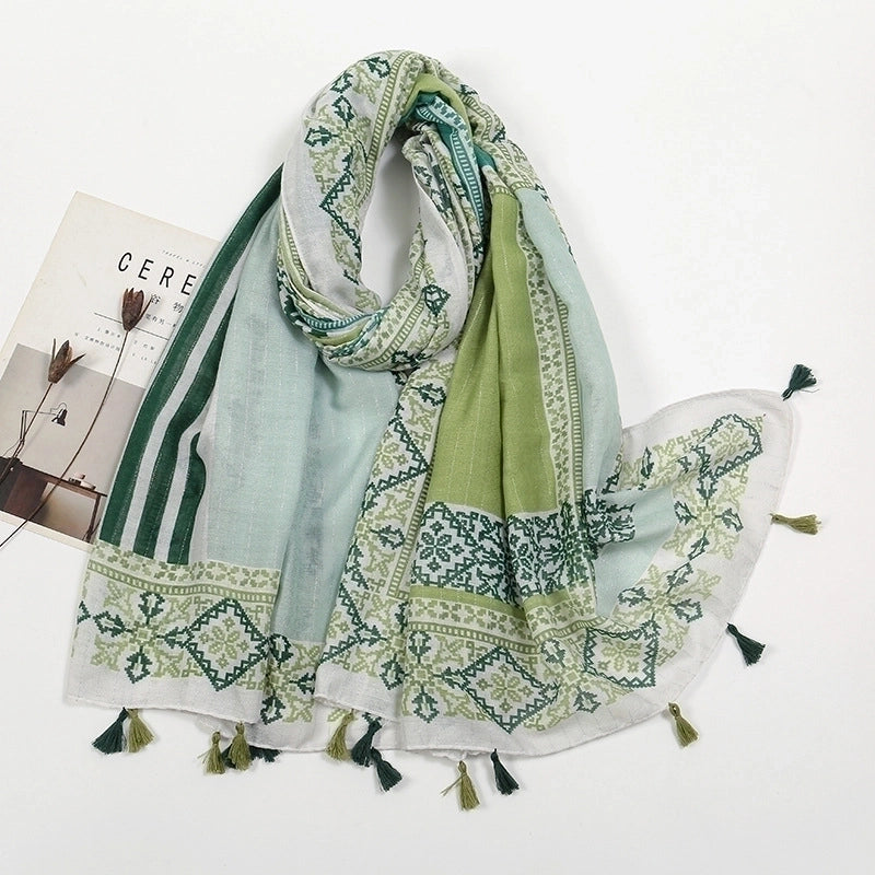 Women'S Sweet Flower Cotton And Linen Tassel Scarf