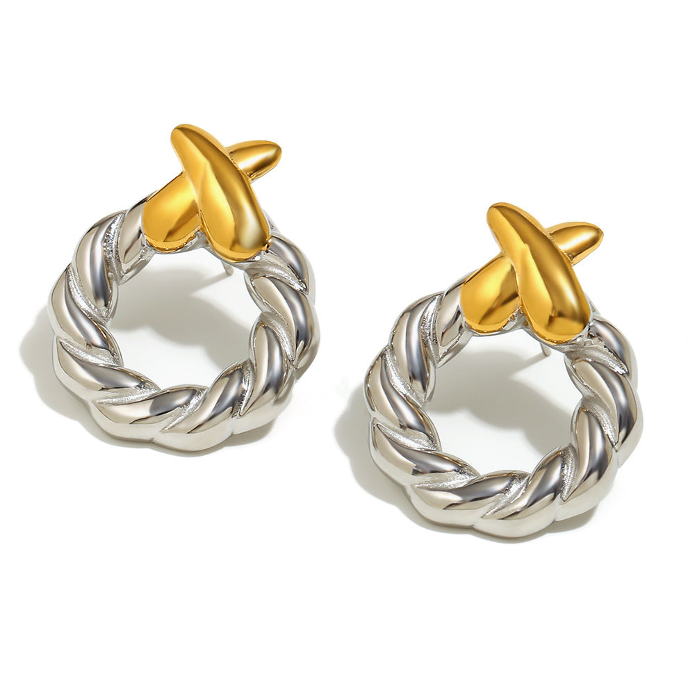 Fashion Geometric Pearl Black Onyx Eye Earrings Stainless Steel 18K Gold Plated Twisted Cross Earrings