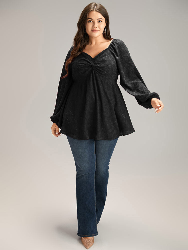 Solid Glitter Twist Front Gathered Blouse