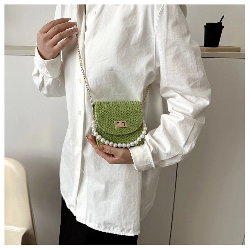 Women's Mini Straw Solid Color Elegant Pearls Lock Clasp Straw Bag