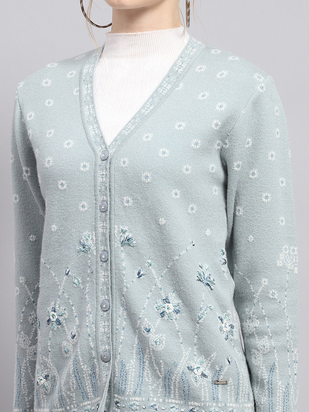 Women Blue Embroidered V Neck Full Sleeve Cardigan