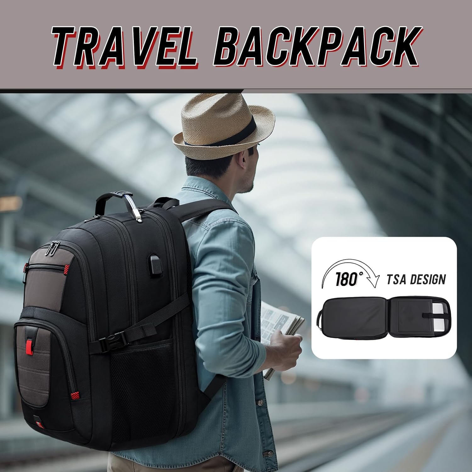 Z-MGKISS Travel Backpack, 50L Extra Large Travel Laptop backpack, Travel Backpack for Men Women with TSA Airline Approved Luggage Bussiness Backpack, Black