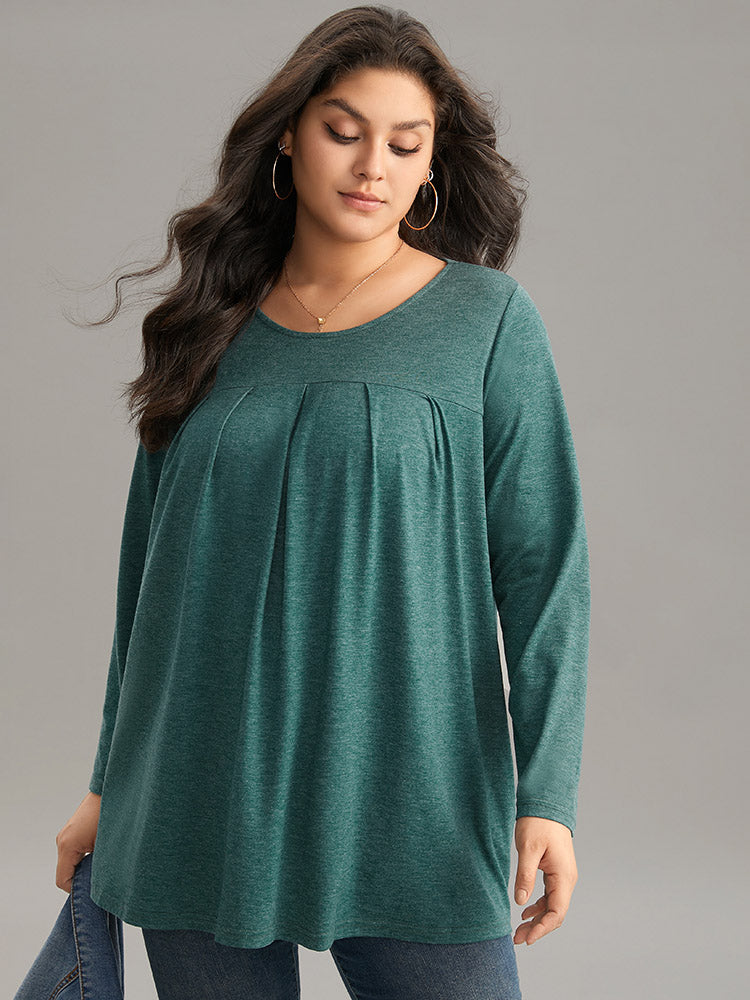 Solid Heather Round Neck Plicated Detail T-shirt