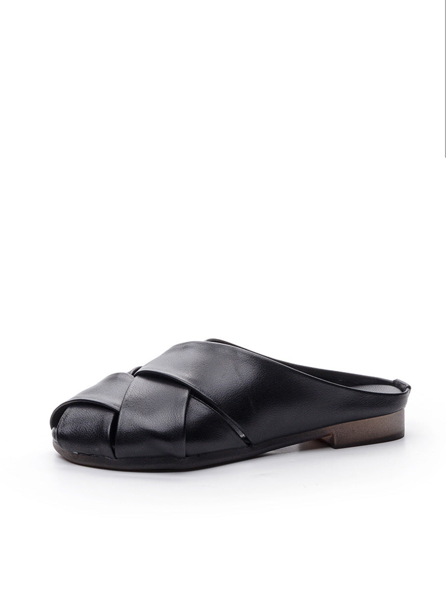 Women Summer Soft Leather Low Heel Weave Slippers