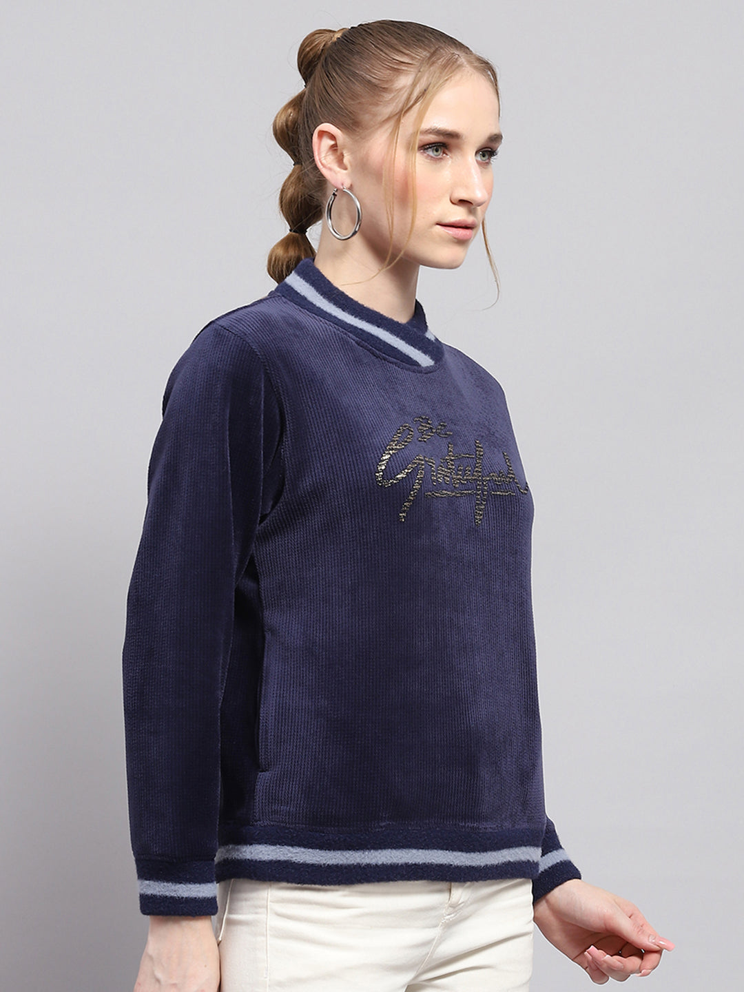 Women Navy Blue Printed High Neck Full Sleeve Sweatshirt