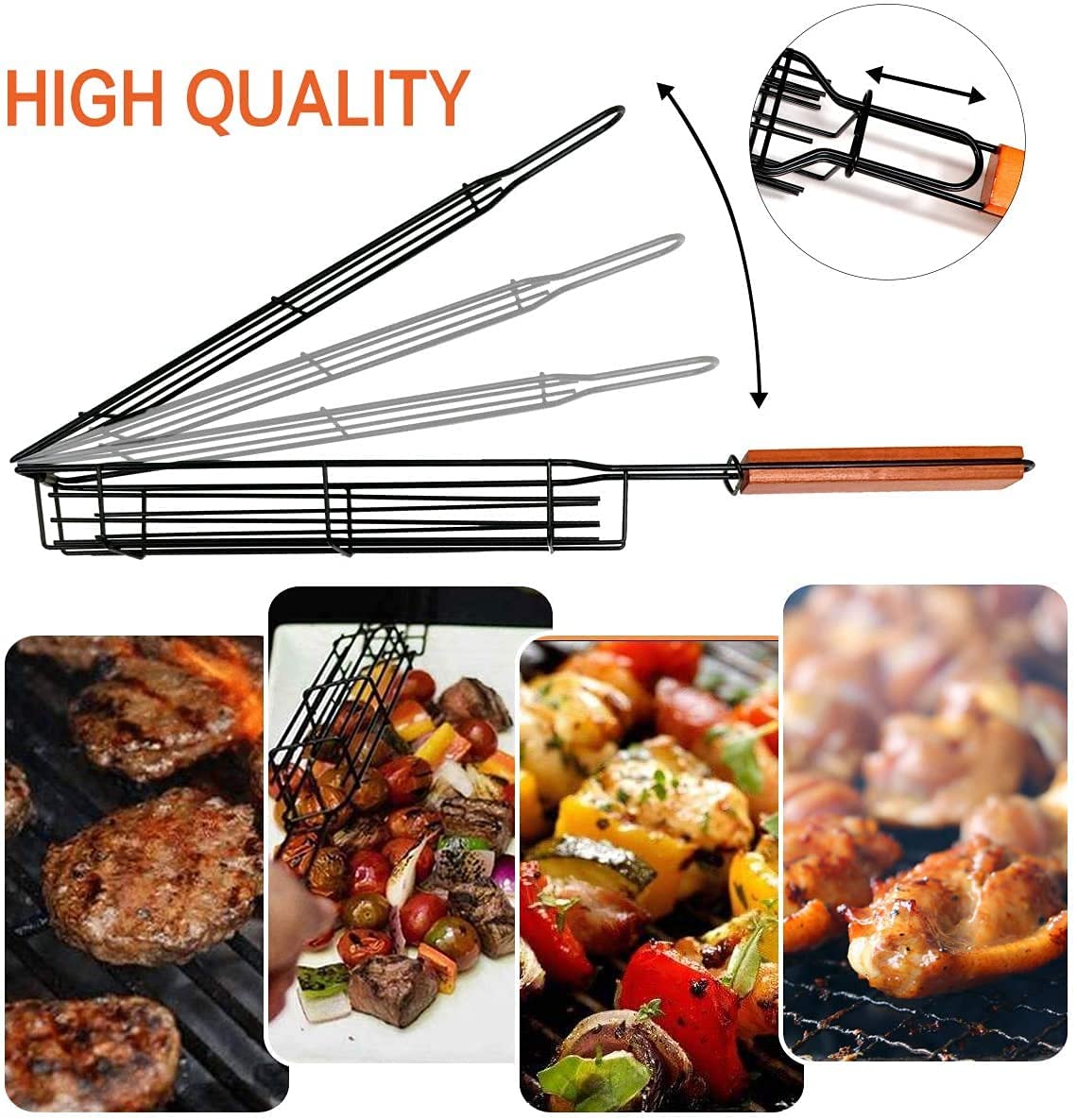 Non-Stick BBQ Kabab Grilling Basket. Roasting Grill Net. Stainless Steel Mesh Barbecue. Rotisserie Basket with Wooden Handle (Pack of 1) - Black