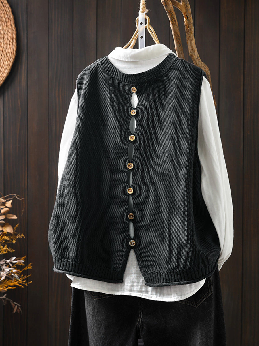 Women Vintage Pure Color Button Knit Vest