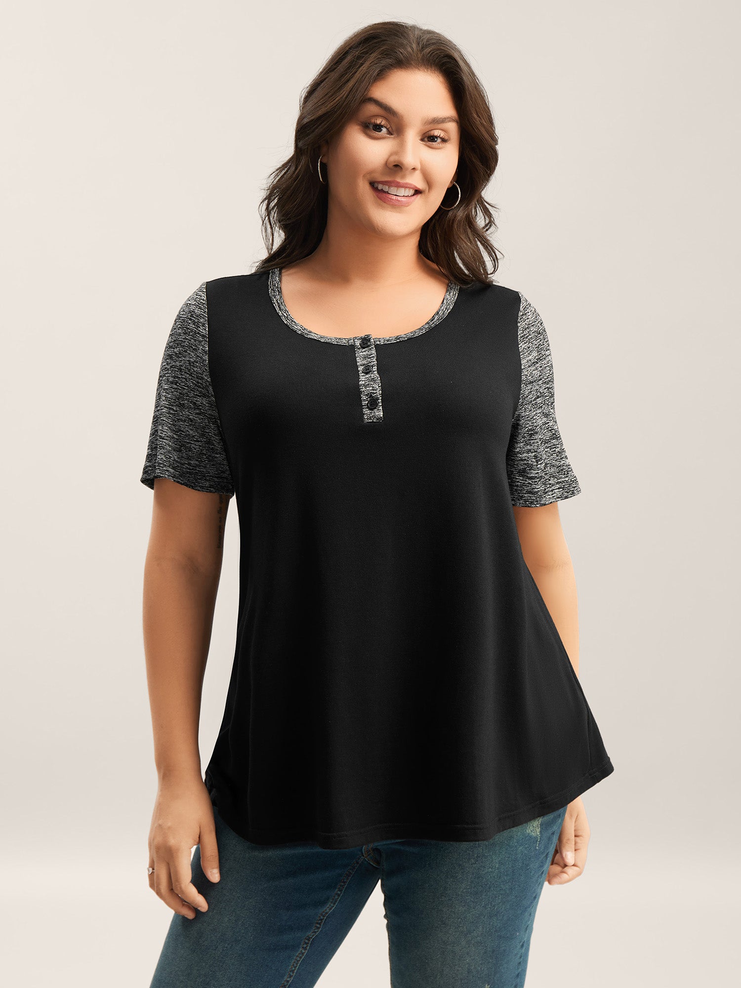 Color Contrast Button Detail T-Shirt