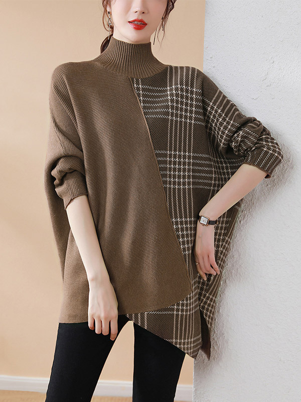 Casual Loose 3 Colors Split-Joint Plaid High-Neck Batwing Long Sleeves Sweater Top