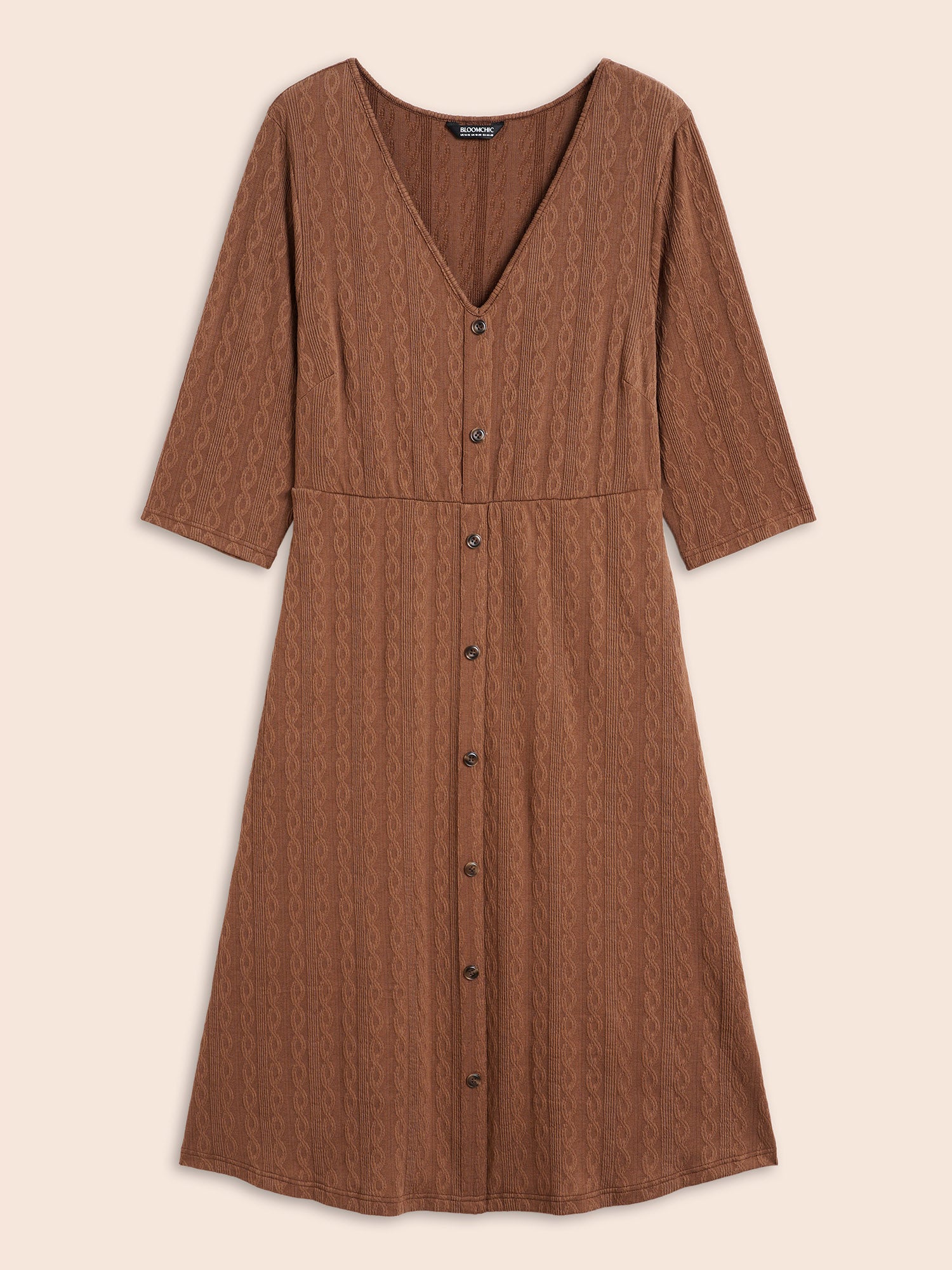 Plain Textured Button Detail Midi Dress