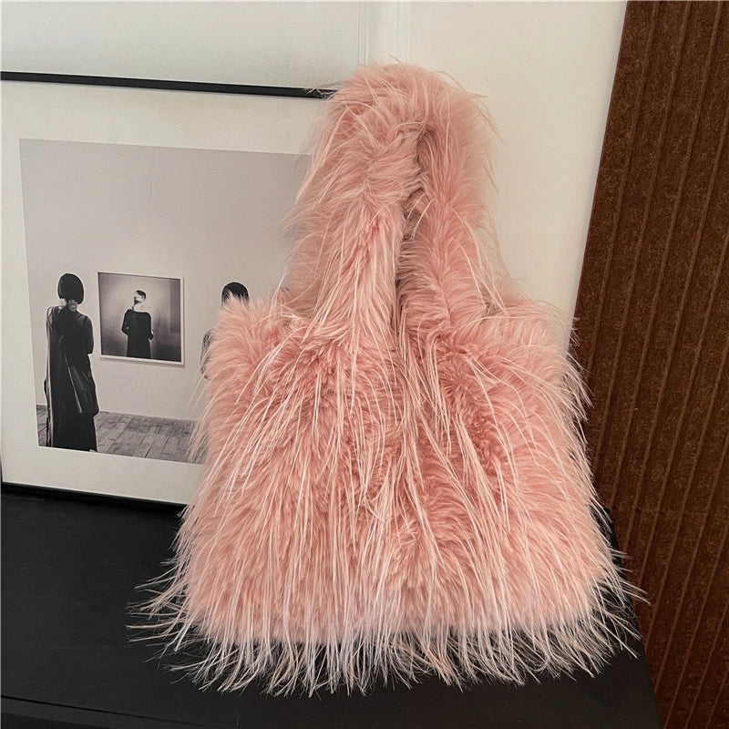 Large Capacity Plush Bag Women's Western Style Tassel Shoulder Bag Tote Bag Furry Bag