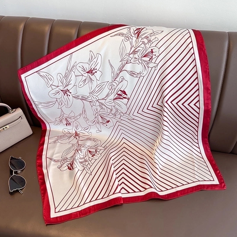 Women's Minimalist Stripe Flower Imitated Silk Silk Scarf