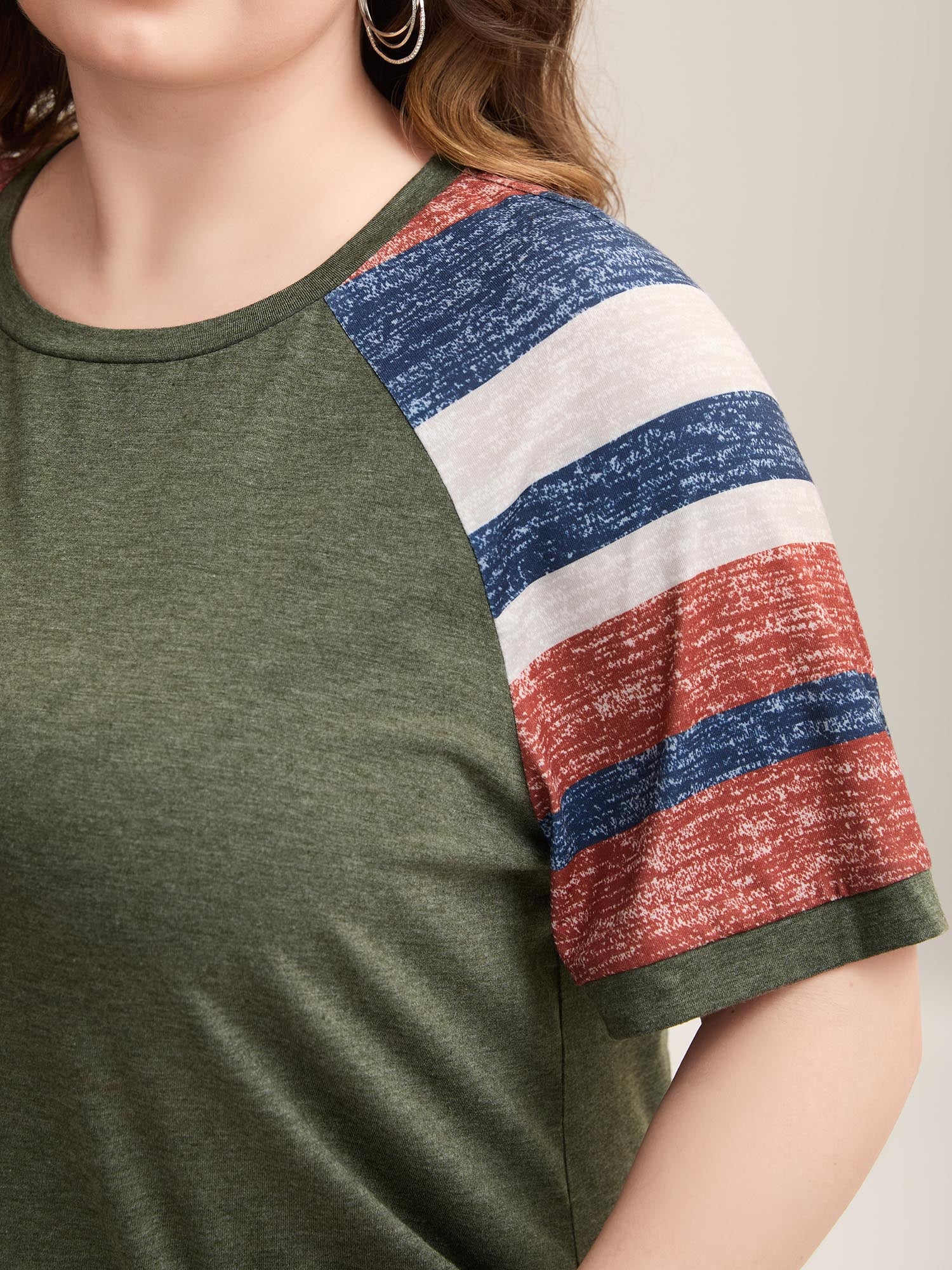 Striped Raglan Sleeve Plain T-Shirt