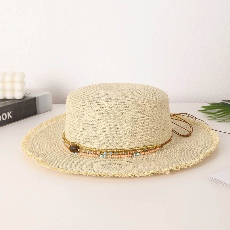 Women's Vacation Pastoral Solid Color Straps Wide Eaves Straw Hat