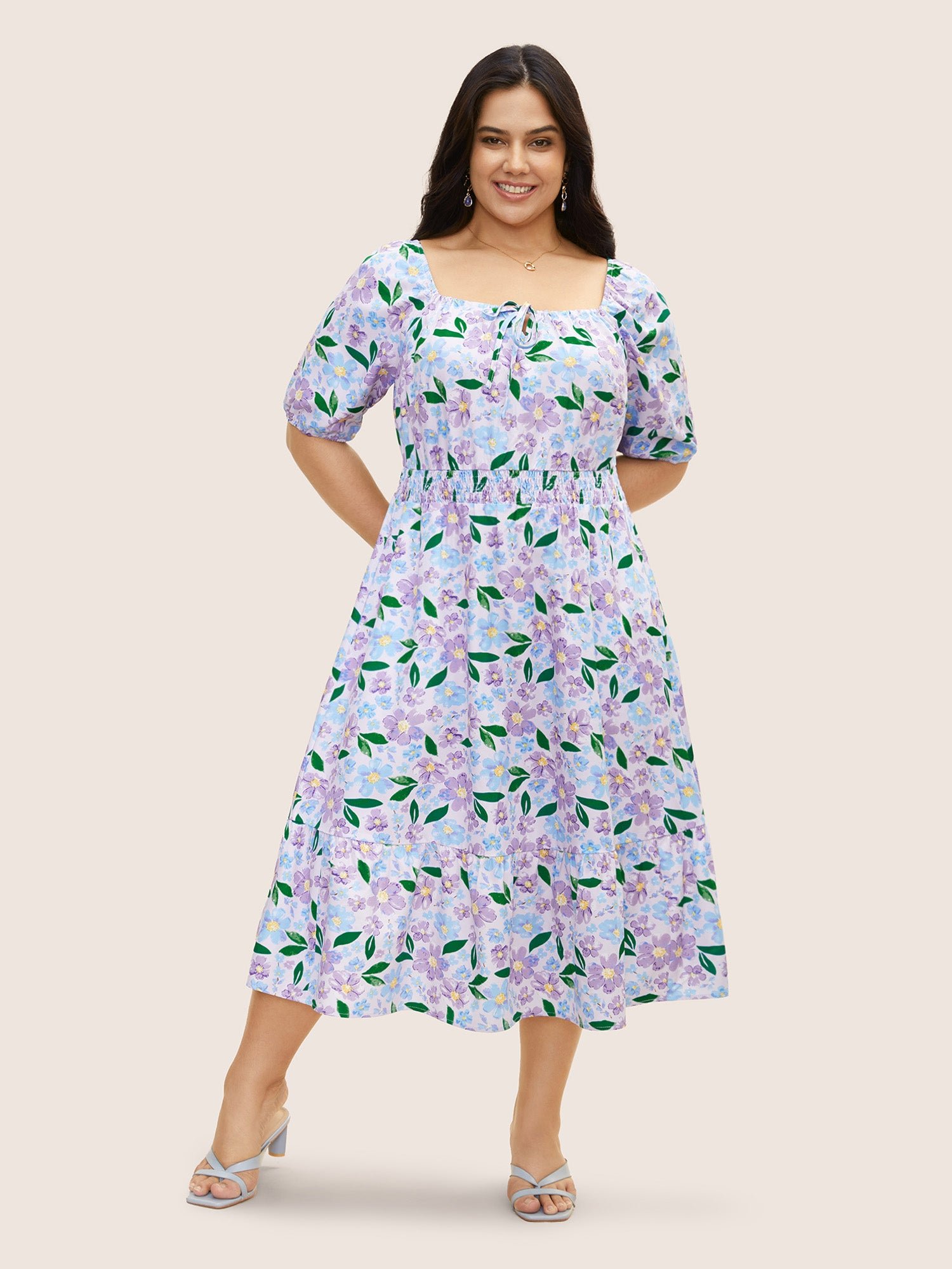 Floral Tie Knot Lantern Sleeve Midi Dress