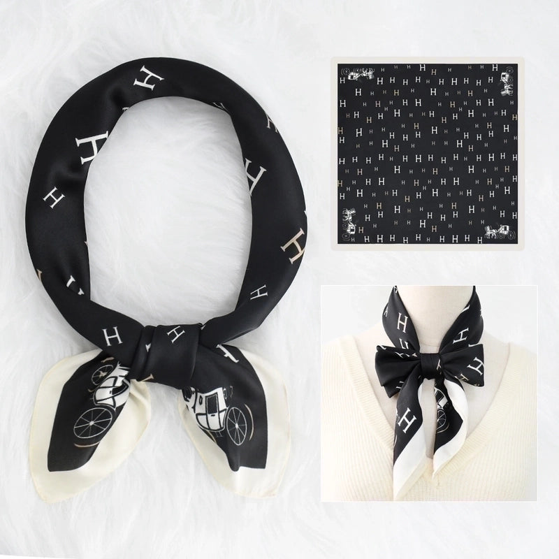 2 Pieces Women's Elegant Plaid Flower Horse Satin Silk Scarf