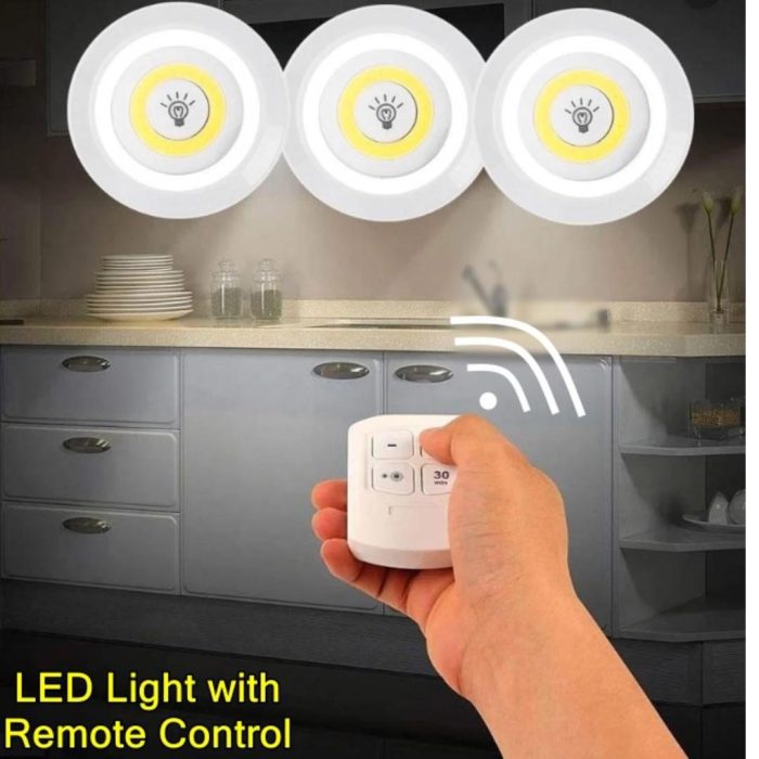 Set of 3 LED lamps with Remote Control. Battery Operated. For Cabinets. Bathroom. Kitchen. Bedside Table. Wardrobe