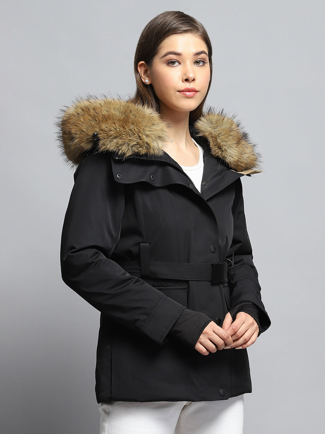 Women Black Solid Hooded Full Sleeve Jacket