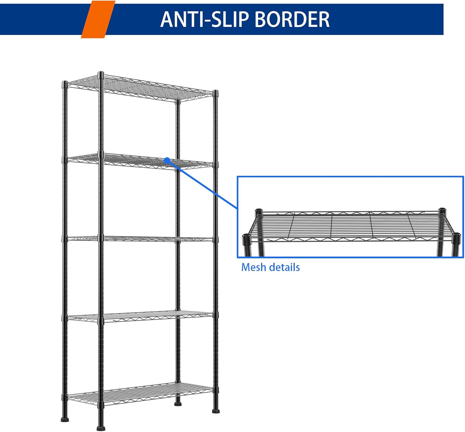 REGILLER 5-Wire Shelving Metal Storage Rack Adjustable Shelves,Standing Storage Shelf Units for Laundry Bathroom Kitchen Pantry Closet(Black,11.8