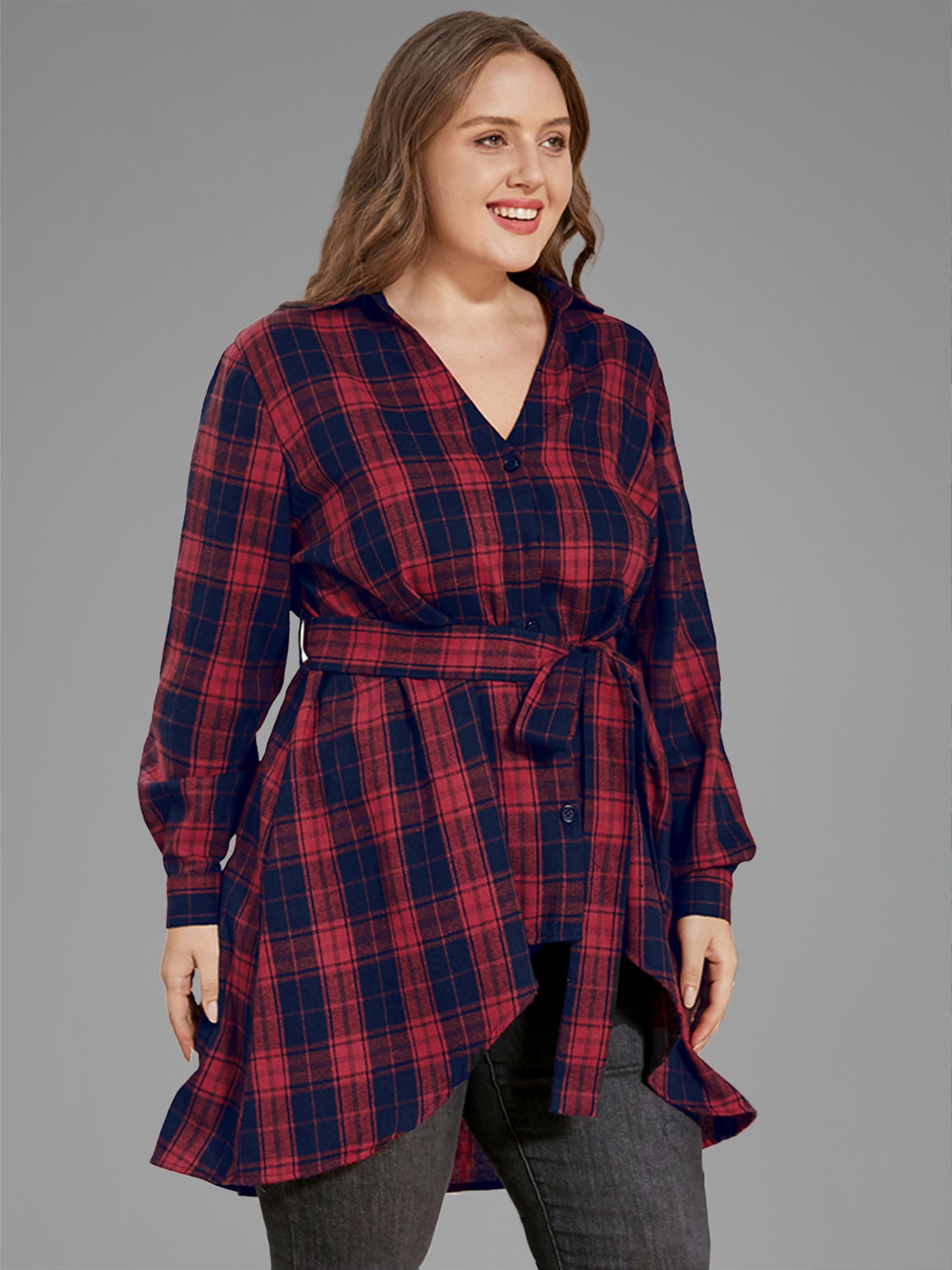Plaid Button Up Asymmetrical Hem Belted Blouse
