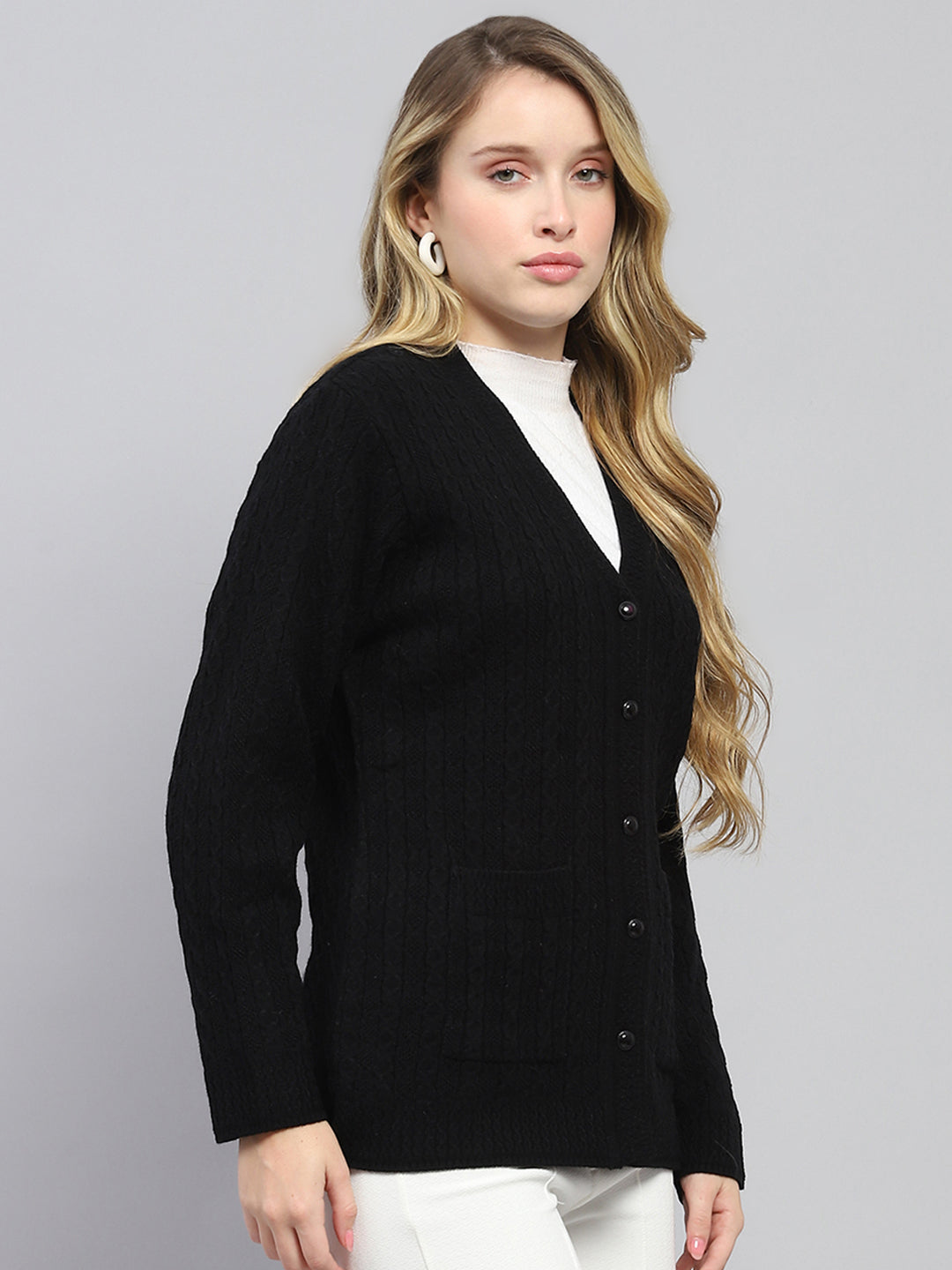 Women Black Self Design V Neck Full Sleeve Cardigan