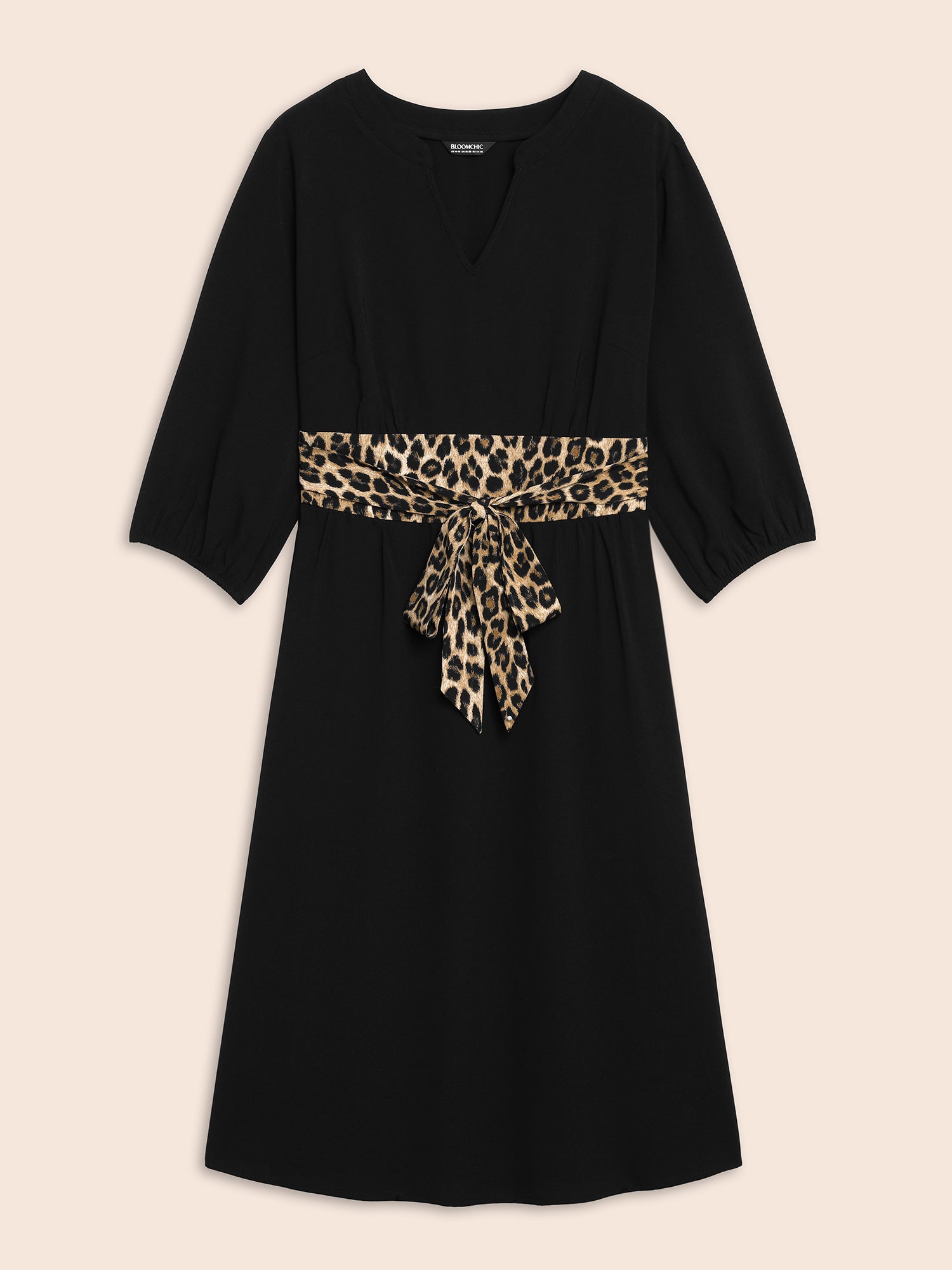 Notched Collar Leopard Print Patchwork Dress