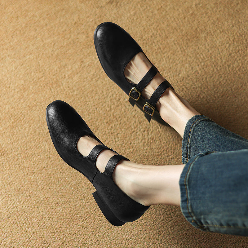 Casual Cow Leather Double Strappy Mary Jane Shoes Dress Shoes in Brown/Black/Khaki