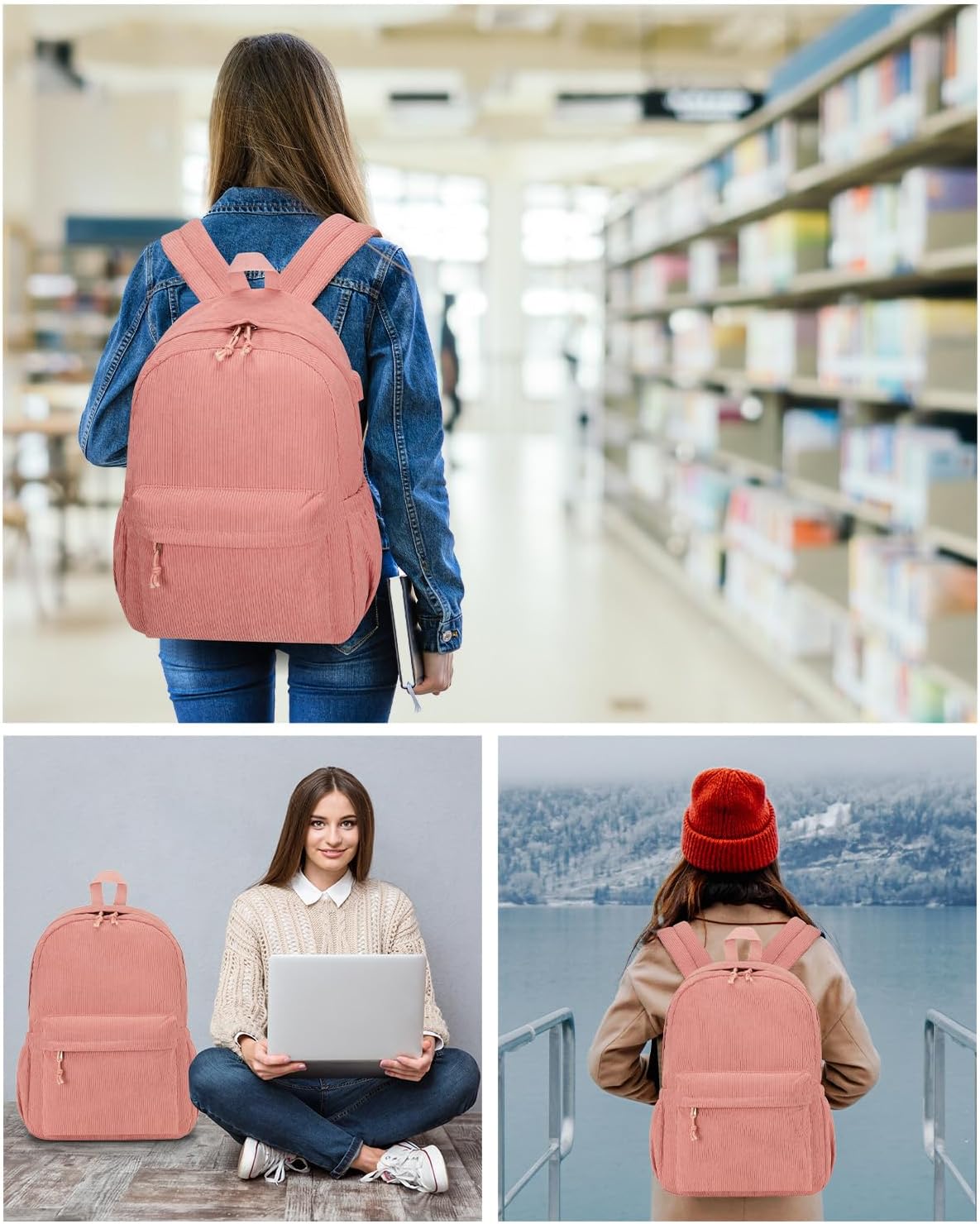 School Backpack for Teens Girls Boys, Large Corduroy College Bookbag Lightweight Backpack Purse for Women Fit for 15.6 Inch Laptop (Beige)