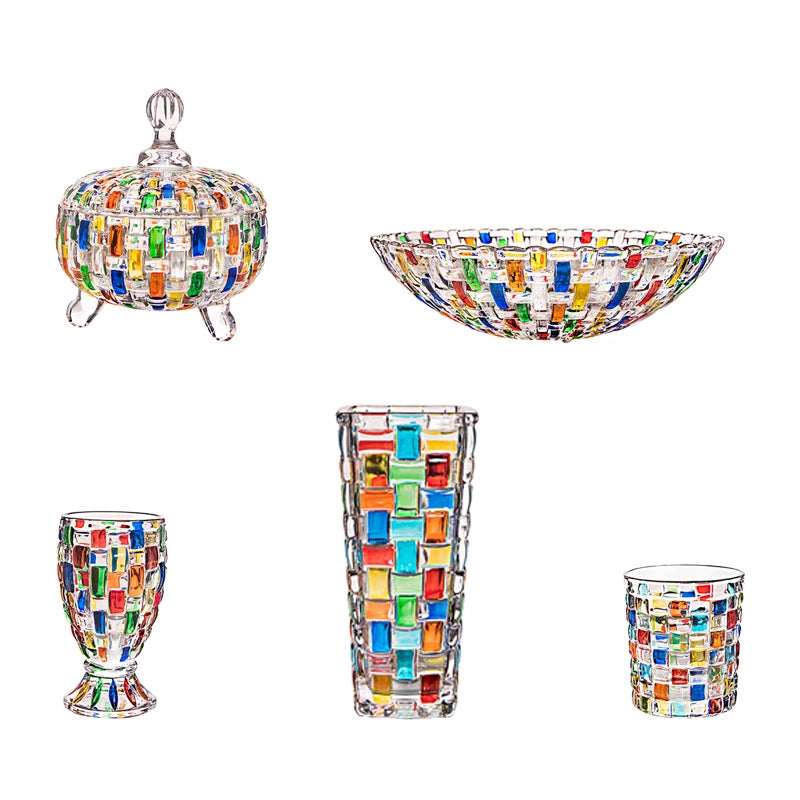 Hand Painted Contrast Color Vase Color Woven Pattern Fruit Plate With Lid Candy Jar Painted Glass Juice Cup Whiskey Wine Glass