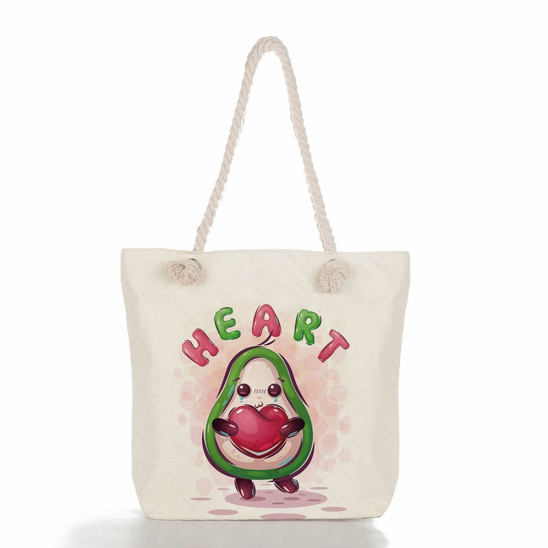 Women's Medium Linen Fruit Cute Classic Style Square Zipper Tote Bag Beach Bag