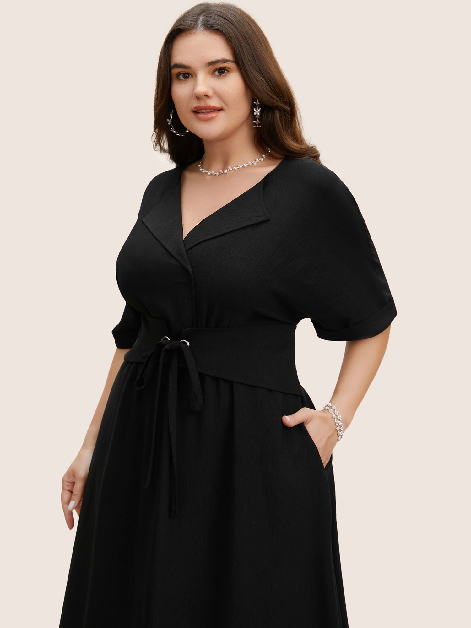 Suit Collar Tie Knot Dolman Sleeve Midi Dress