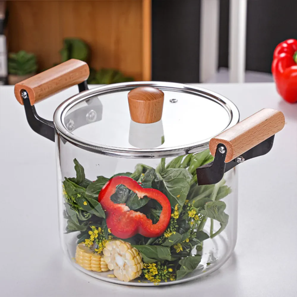 HEAT-RESISTANT STOCK POT WITH WOODEN HANDLE CLEAR LID SPACIOUS DESIGN