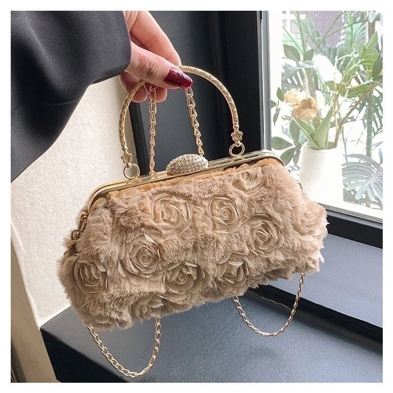 Women's Small Plush Solid Color Streetwear Shell Lock Clasp Shoulder Bag Crossbody Bag Chain Bag