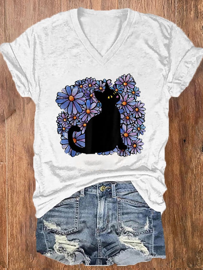 Women's Floral Black Cat Alzheimer's Awareness Print V-Neck T-Shirt