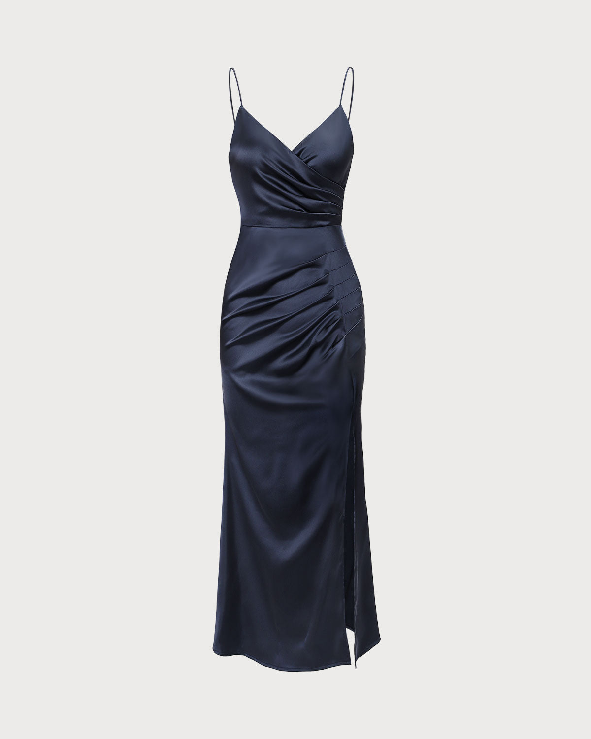 The Navy V-Neck Ruched Satin Sling Maxi Dress