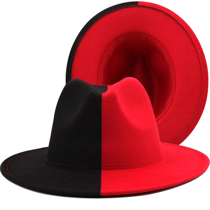 Yin And Yang Color Matching Woolen Felt Hat Autumn And Winter Party Fashion Flat-brimmed Jazz Hat