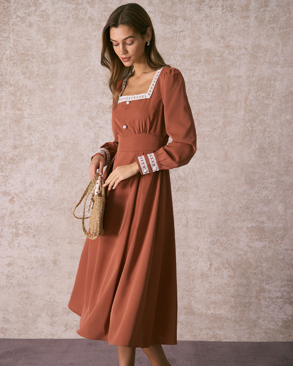 The Brown Square Neck Lace Trim Midi Dress