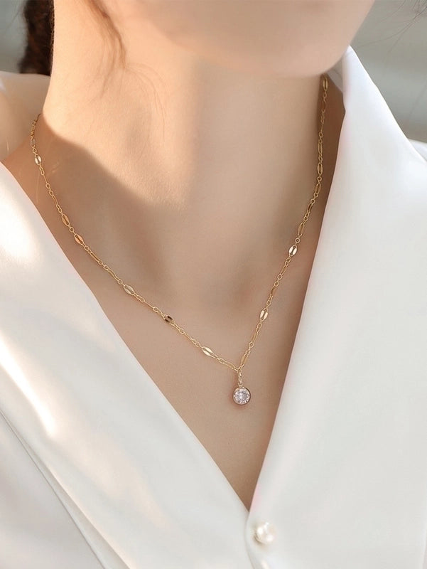 Copper Minimalist Inlay Round Zircon Solitaire Necklace