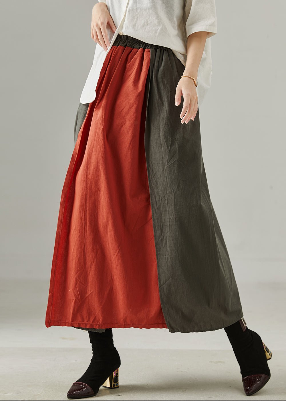 Casual Red Elastic Waist Patchwork Cotton Skirts Spring