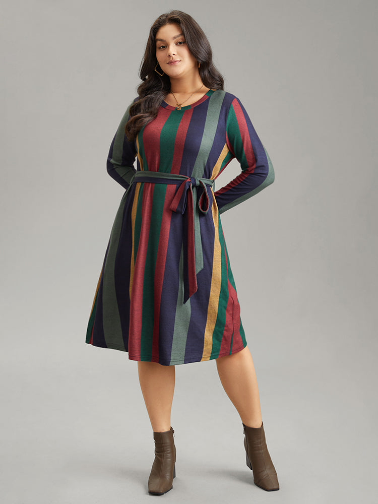 Colored Striped Pocket Belted Long Sleeve Dress