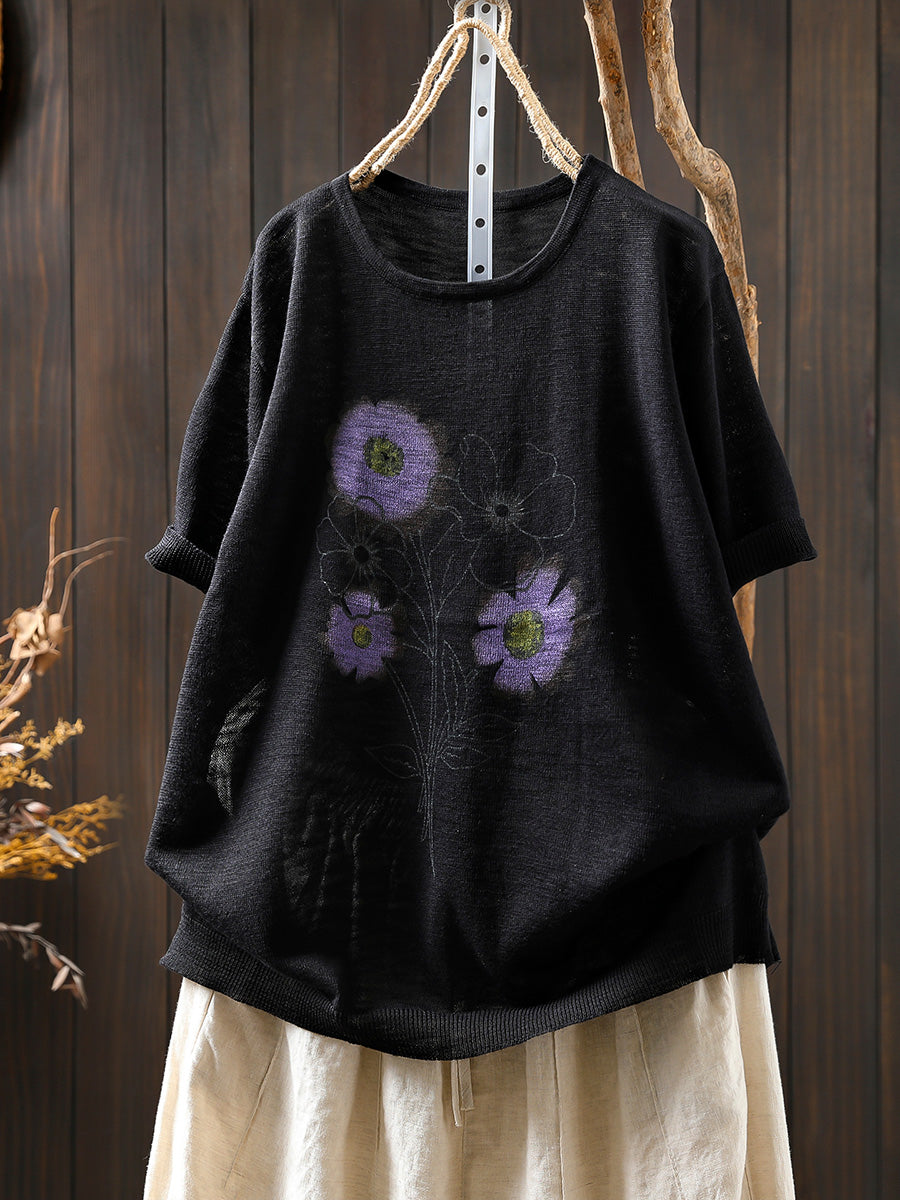Women Summer Artsy Flower Knitted Linen Cotton Shirt