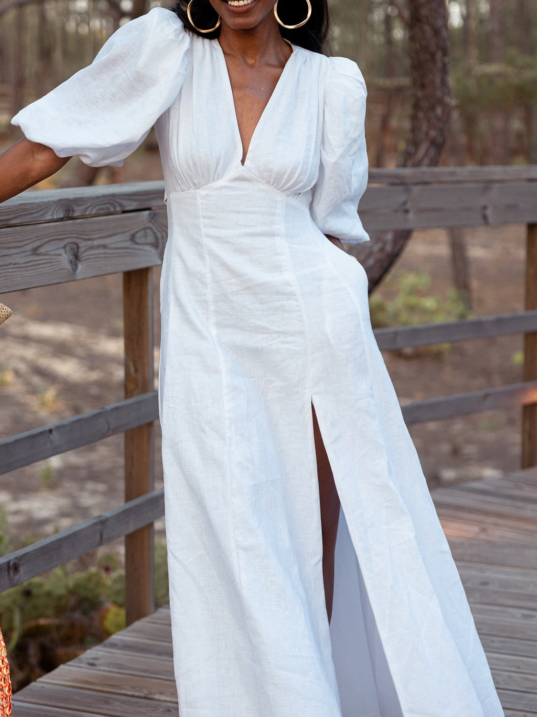 Puff Sleeve Pleated Waist Maxi Dress