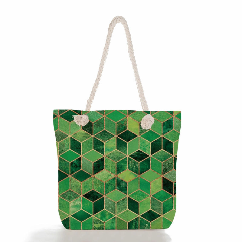 Women's Medium Canvas Geometric Flower Basic Classic Style Square Zipper Tote Bag