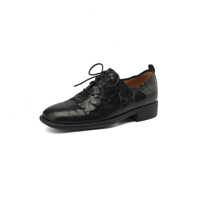 Retro Lace-Up Handmade Soft Leather Round Toe Oxford Shoes in Black/Brown