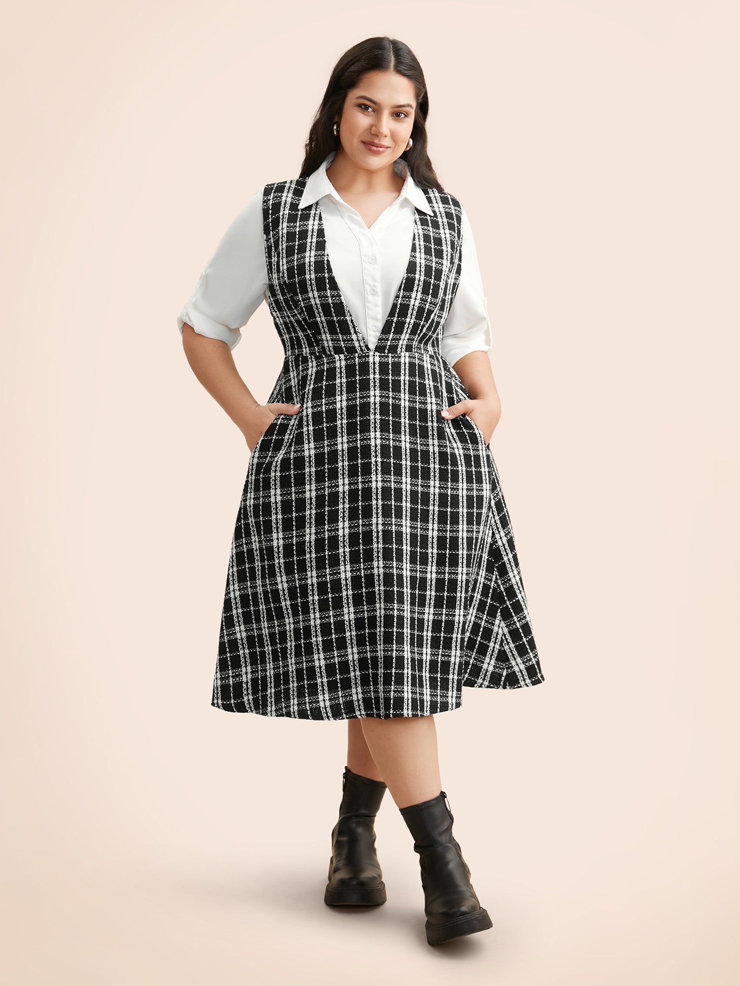 Tweed Elastic Waist Overall Dress