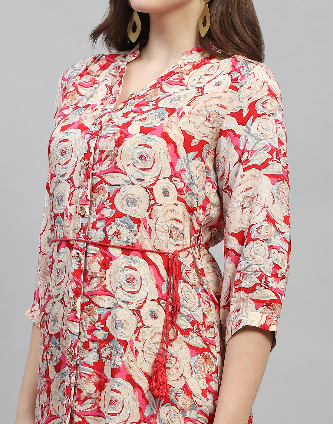 Women Red Floral Print V Neck 3/4 Sleeve Dress