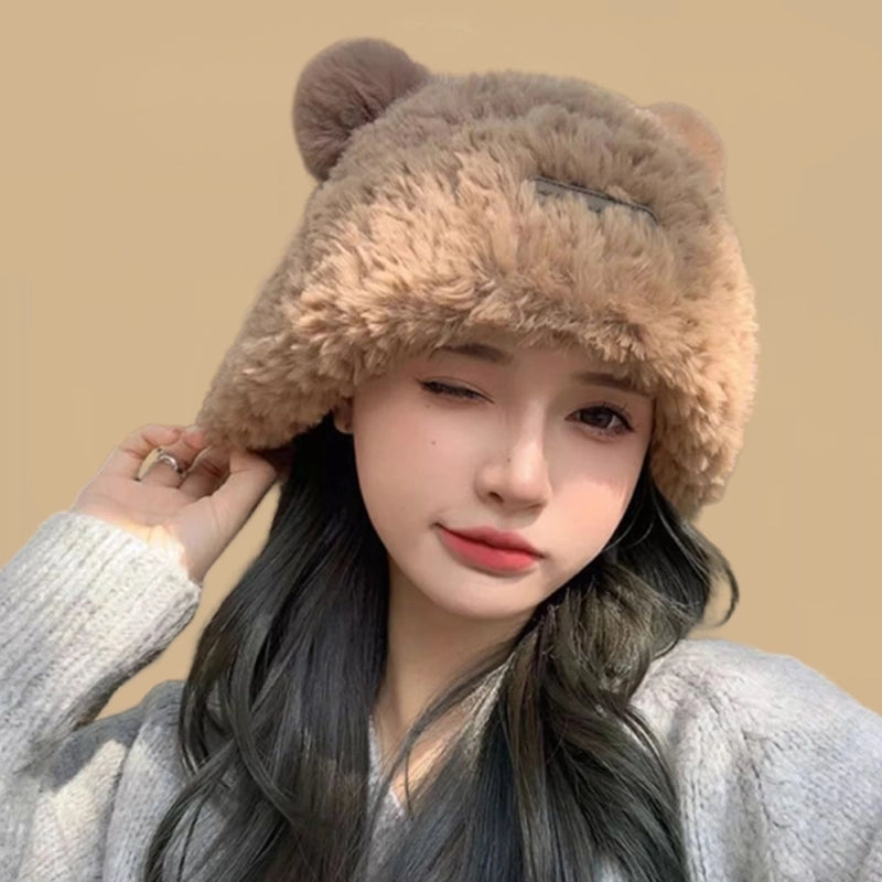 Cute Bear Fluffy Hat Winter New Women's Warm Thickened Ear Protection Hat Big Head Wai Knitted Wool Hat