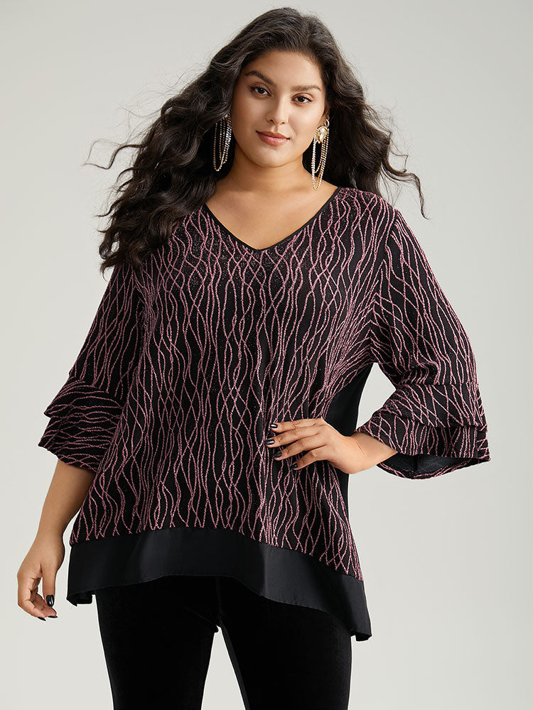 Lurex Layered Ruffle Sleeve Patchwork Blouse