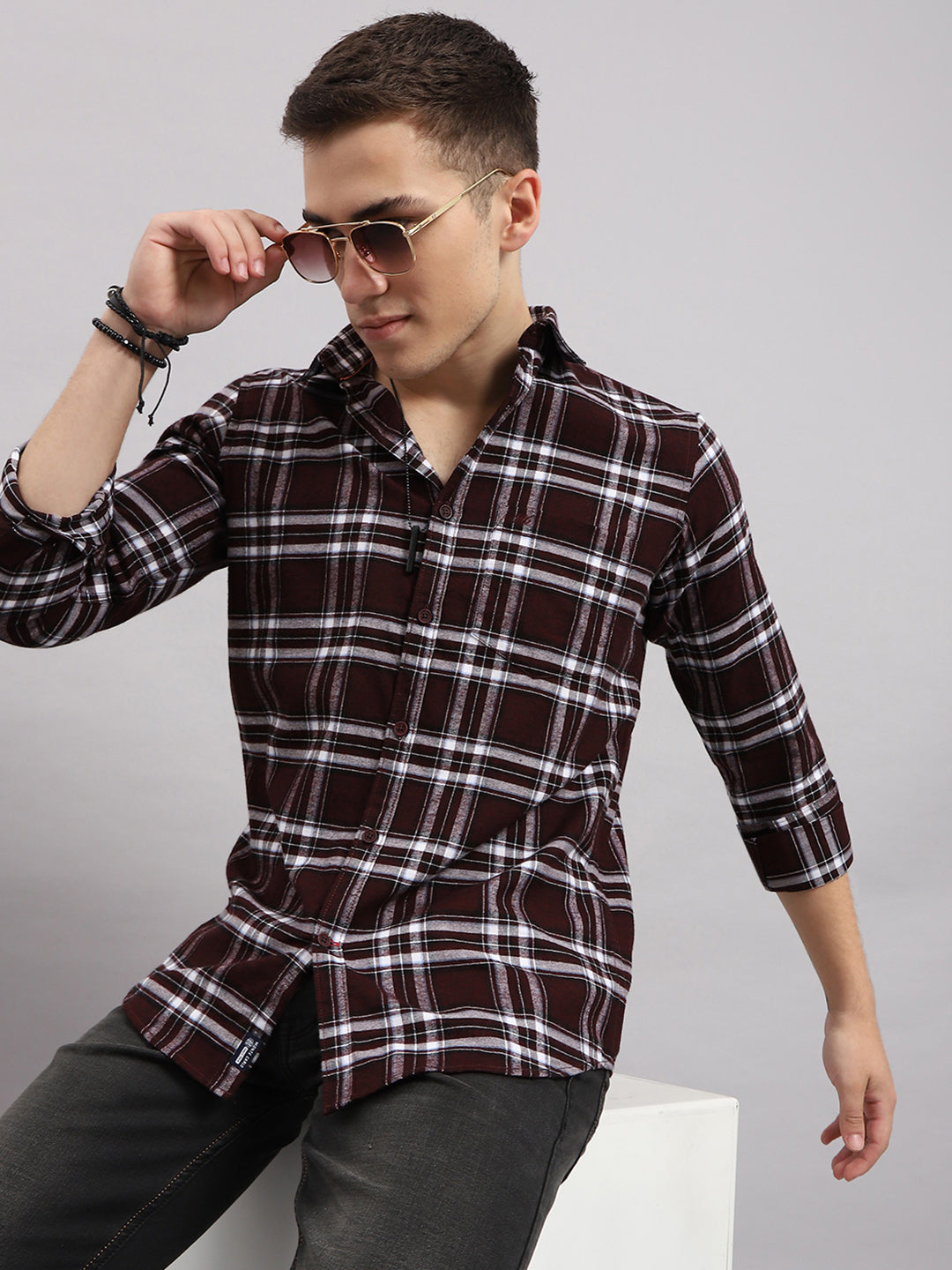 Men Maroon Check Collar Full Sleeve Shirt